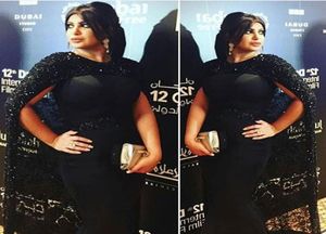 Siyah Akşam Ünlü Elbiseler Nancy Ajram 2016 Bling Lace Cape Orta Doğu Kırmızı Halı Elbiseleri Vestidos de Formatura6187701