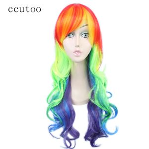 Wigs ccutoo 65 cm giallo rosso viola e blu mix ondulato lungo con scoppi di capelli sintetici parrucche da donna di Halloween party parrucca parrucche