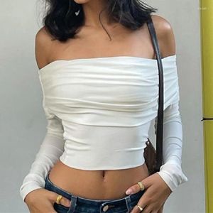 Camicie da donna chic women sexy fuori spalla t-shirt molla a manica lunga slim corto top y2k harajuku tees bianchi femminile eleganti