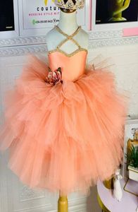 2021 Turuncu Kristaller Tutu Çiçek Kız Elbise Balo Elbise Diz Uzunluğu Tül Lilttle Çocuklar Doğum Günü Pageant Düğün Önlükleri ZJ5978471734