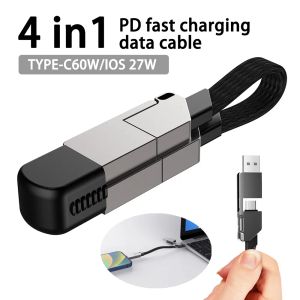 Многорядный кабель короткий для переносного магнитного магнитного Keyring 4 в 1 шнур быстрого зарядного устройства PD 60W USB A/C для типа C для телефонных прокладок