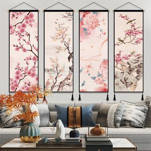 Китайский стиль персиковой цветок прокрутки плакаты домашний офис декор холст рисунок на стенах настенные картинки для гостиной 240325