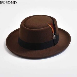 Geniş Memlu Şapkalar Kova Yeni Retro Domuzlu Pasta Şapkası Erkek Kıvırcık Saç Külük Fedora Tüy Beyefendisi Kilisesi Trilby Jazz YQ240403