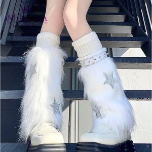 Botas mikumn haruku moda moda branca peluda perna de pele mais quente meias mulheres y2k punk fofo estrela fofo rebite macio e macio de inverno quente tampa de bota
