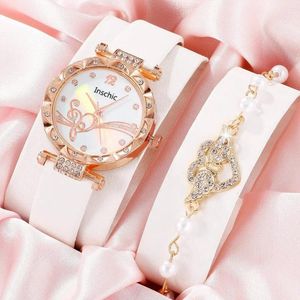 Нарученные часы 2pcs Ladies Fashion Casual Star Butterfly Digital Ownestone Quartz Quartz Watch Love Crystal Pearl Brizlet Set Set