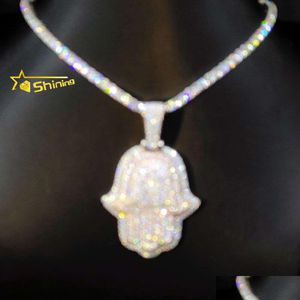 Подвесные ожерелья пропускают алмазный тестер, замороженный 3 -дюймовый розовый и белый золото, покрытая рукой 925 стерлингов Sier VVS Moissanite Hamsa Pendants d Ott8p