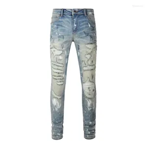 Erkekler kot sokak kıyafeti moda sıkıntılı silm uyum açık mavi hasarlı delikler boya yamalı yırtılmış streç grafiti pantolon