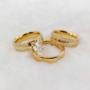 2pcs alyans yüksek kaliteli 3pcs evlilik düğün nişan yüzükleri çiftler için ayarlanmış cz elmas 18k altın kaplama moda takı severler
