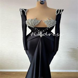 Siyah denizkızı gece elbise kare boyun çizgisi uzun kollu balo elbiseleri kristal boncuklu resmi elbise 2024 özel doğum günü partisi elbise resepsiyon zarif yarışmacı elbise