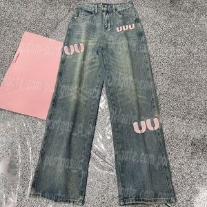 Pembe harfler kadın kot pantolon günlük mavi denim pantolon lüks tasarımcı kadın sokak tarzı jean pantolon