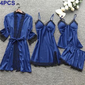 Низкая цена женщин пижамы, наборы атласной печь для сна, шелк 4 кусочки ночная ремешок для кружевного сна Пижама с грудными подушками 240326