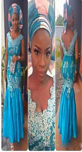 Estilos de renda nigerianos azuis 2017 vestidos de noite desgaste aso ebi bella naija moda baile vestidos v lace de pescoço aplique sem costas sereia