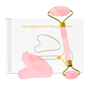 Tool Rose Quartz Yüz Milletvekili Gua SHA Kazık Yüz Masajı İçin Seti% 100 Doğal Pembe Kristal Guache Kit Cilt Bakım Araçları