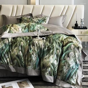 Yatak setleri lüks yeşil tavus kuşu tüyleri baskı vintage seti yumuşak ipeksi 1000tc Mısır pamuk nevresim kapak yatak sayfası yastık kılıfı