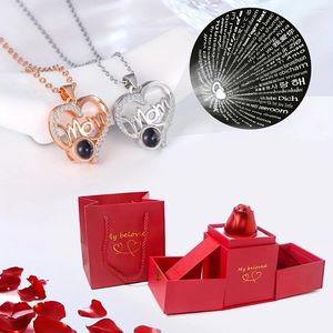 Подвесные ожерелья Mom Heart Циркон Колье с розами цветочные подарочные коробки Я люблю вас на 100 языках Проекция для женских подарков Дня Матери