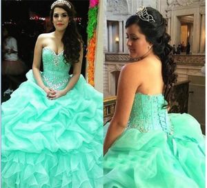 Zarif kristal fırfırlar dantel ucu topu tatlım quinceanera elbise nane yeşil 16 seksi elbise organze balo elbiseleri vestidos longos para8012798