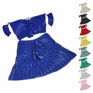Женские купальники с твердым цветом рука вязание крючком топ мини -юбки для плавания набор женских бикини