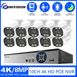 Sistem 10CH 4K 8MP Video Gözetim Kamerası POE Renk Gece Görme Güvenliği Kablosuz Açık CCTV IP NVR Ses Hoparlörü 8Ch Sistem Kiti