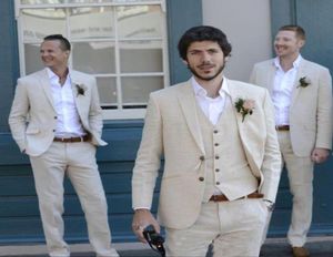 Son ceket pantolon fildişi bej sm plaj keten erkekler düğün takım elbise adam yaz blazer evlilik damat smokin 3 parça ceketp4697497