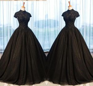 Kleider 2022 schwarze Spitze Abendkleider Ballkleider hoher Nacken Applique Perlen Empire Taille Prinzessin Prom Kleider Graduierung Kleid Frauen plu