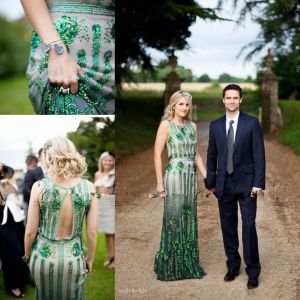 Elbiseler Vintage Great Gatsby Jenny Packham Denizkızı Gelinlik Emerald Yeşil Boncuklu Ülke Bahçesi Boho Beach Gelin Gowns