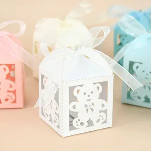 Hediye sargısı 10 adet sevimli hayvan ayı lazer kesik şeker kutuları kurdelelerle çikolatalı kek ambalaj kutusu bebek duş doğum günü partisi malzemeleri