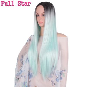 Peruklar tam yıldız siyah ombre gri peruk sentetik saç 60cm 280g uzunluğunda ipeksi düz tam kafa siyah gri peruk kadın saç