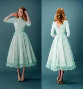 Vestidos de baile de renda vintage bateau pescoço meia mangas menta tempo de chá verde primavera plifas size vestidos de festa sem costas com mangas3879807