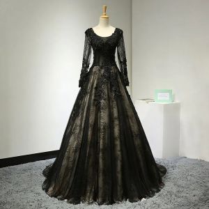 Платья черное кружево обнаженное подкладка Aline Vintage Gothic Wedding Dress с длинными рукавами Scoop Sece Aline не белые свадебные платья дисконтированы