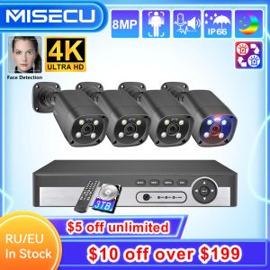 Sistema misecu 8ch 8mp Poe Security System Outdoor Face Detect Smart 4K RedBlue Alarm H.265 CCTV Kit de proteção de vigilância de registros CCTV P2P