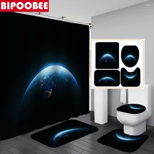 Duş Perdeleri Koyu Uzay Gezegen Toprak Baskı Perde 3D Banyo Set Tuvalet Kapağı Banyo Paspasları Base Anti-Sıdlı Halı Ev Dekor