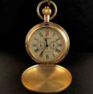 Винтажный латунь Лондон 1856S Античный 5 рук механические карманные часы для ручной обмотки скелет мужские часы 30 см цепь 240327