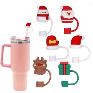 Tek kullanımlık fincan pipetler 10mm sevimli Noel saman silikon tıpa çizgi film kapağı kapak içecek aksesuarları aile toz geçirmez yeniden kullanılabilir festival