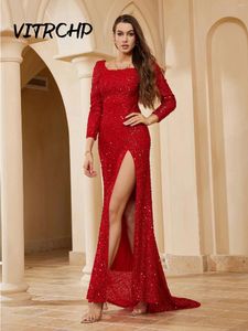 Parti Elbiseleri Kırmızı Uzun Kollu Pırlanta Akşam Kadın Sequins Düğün Balo Balo Elbise Yüksek Çatal Çatal Zemin Uzunluğu Vestidos