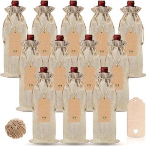 Hediye sargısı 12pcs/set çuval bezi şarap çantaları ve etiketler ile yeniden kullanılabilir.