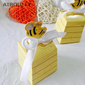 Embrulho de presente 50pcs/lote amarelo mel favores caixa de doces com fitas brancas para chá de bebê/aniversário e presentes da festa infantil