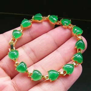 Bileklik Yeşil Yeşim Aşk Kalp Bilezikleri Kadın Bileklik Bilezik Takı 925 Gümüş Gerçek Doğal Boncuk Emerald Hediye Taş Musking
