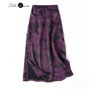 Saias 2024 Mulheres Spring Spring 45mm Gambiered Guangdong Gaze Purple Tie Purple tingido Kirin cintura elástica Salia de quadril split