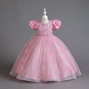 Pembe Bling Dantel Çiçek Kız Elbiseleri 2024 Yeni Seksi Kristaller Boncuklu Kepçe Küçük Kız Gelinlik Sekik Cemaat Pageant Elbiseler Çocuk Bebek Prom Partisi Gowns