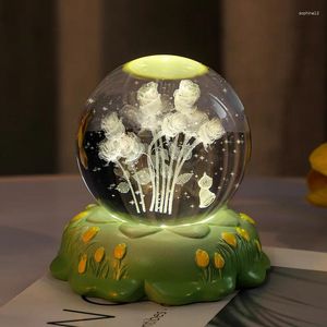 Dekoratif Figürinler Aydınlık Çiçek Kristal Top Base Lazer Gravür Cam LED Gece Işık Masası Süsler Ev Dekorasyon Doğum Günü