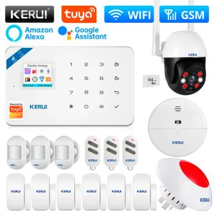 Kits kerui w181 sistema de alarme residencial wi -fi gsm suporte de alarme Alexa tuya Smart Motion Sensor Detector de porta solar Siren IP Câmera