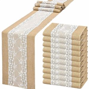 Ücretsiz UPS 10pcs 30x275cm Jüt Masa Koşucu Çarpıştırma Dantel Rustik Hessian Masa Koşucu Düğün El Sanatları Parti Dekorasyonları 240325