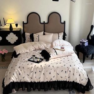 Yatak takımları siyah gül çiçek baskısı lüks pamuk şifon dantel nevresim kapak yatak sayfası yastık kılıfları prenses ev tekstil