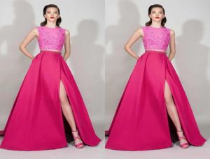 Zuhair Murad 2016 Fuchsia Lace und Satin Two Stücke Abendkleider sexy Split Seite mit Pailletten -Promkleidern Custom Made China EN1219592595