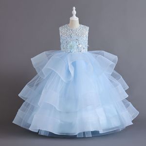 2024 Prenses Balo Elbise Çiçek Kız Elbiseleri Düğün için Seation Party Yeni 3D Çiçek Dantel Aletleri Lanvender Brithday Party Çocuklar Resmi Giyim Toddler Uzun Pageant Elbise