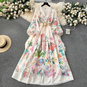 Pist elbiseleri yaz tatili çiçek bornoz elbisesi kadınlar dantel ekleme v yaka uzun fener kol kanatları çiçek baskısı maksi vestidos kıyafetleri 2024