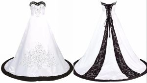 Elbiseler Klasik Siyah ve Beyaz Gelinlik Nakış Prenses Saten Bir Çizgi Dantel Yukarı Mahkeme Tren Pullular Boncuklu Uzun Ucuz Düğün