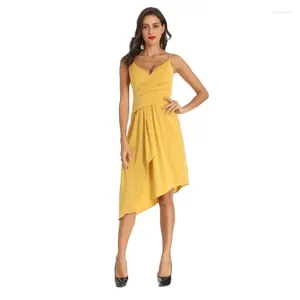 Vestidos casuais vestido amarelo decíduo para menina irregular na cintura sexy formal e de volta, bela refrescante no verão