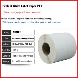 Kağıt Aibier Su Geçirmez Kağıt 40x10mm*10000pcs/1ROLL Termal Transfer Boş Brillant Beyaz Pet Barkod Yapıştırıcı Basılı Etiket Çıkartma