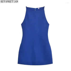 Sıradan Elbiseler Keyanketian 2024 Kadınlar Kraliyet Mavi Yular Elbise Yaz Dikiş Ayrıntısı Zarif Simply İnce Slim Sleweless Mini Kadın